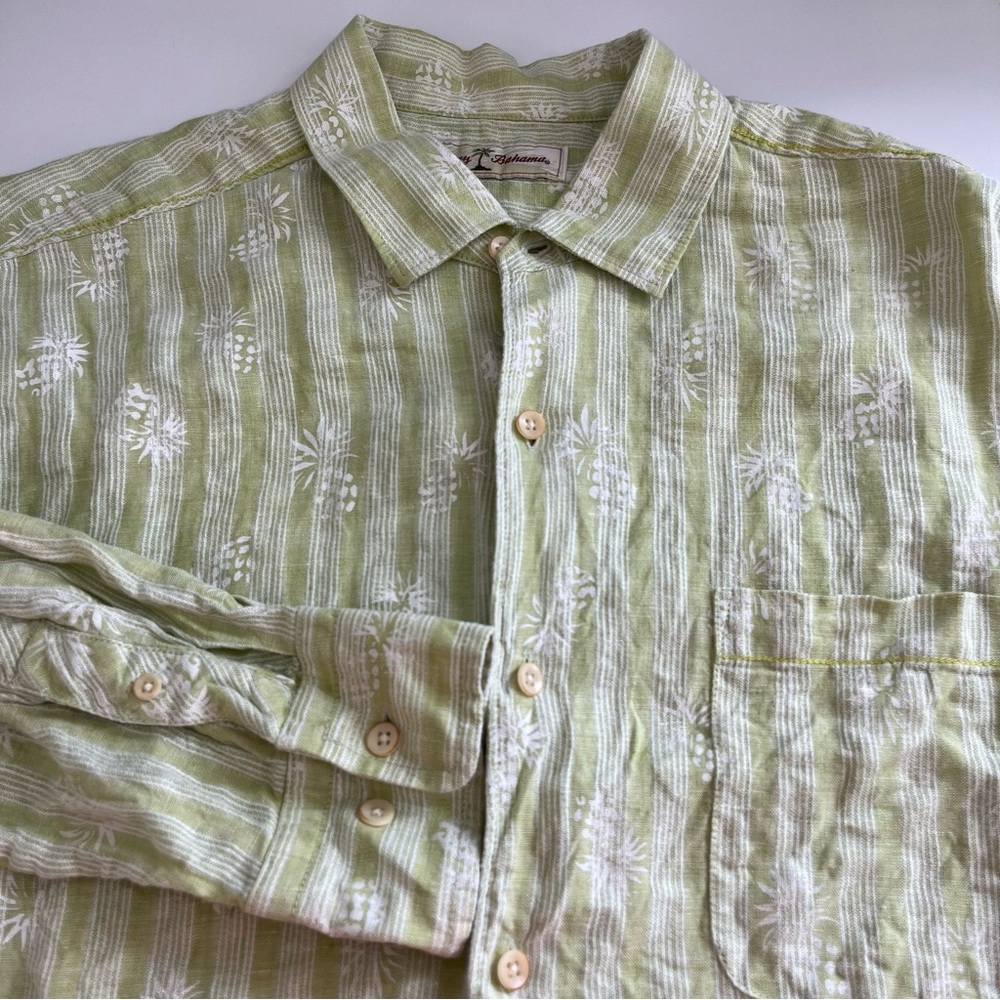 Tommy Bahama Men’s Linen Green Stripe Pineapple Long Sleeve Button Down large‎